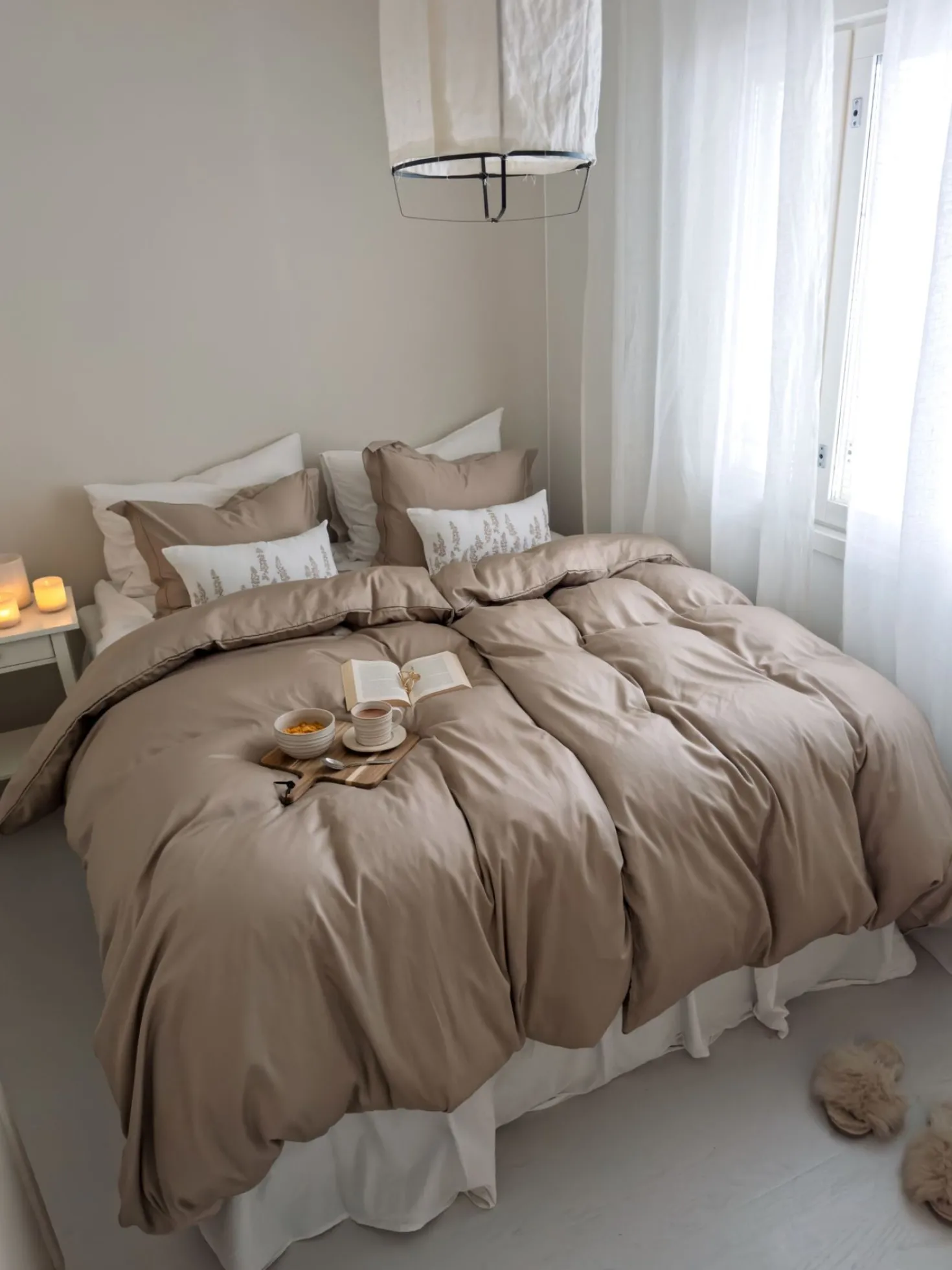 Påslakanset i egyptisk bomull satin sand - 150x210 cm/50x60 cm